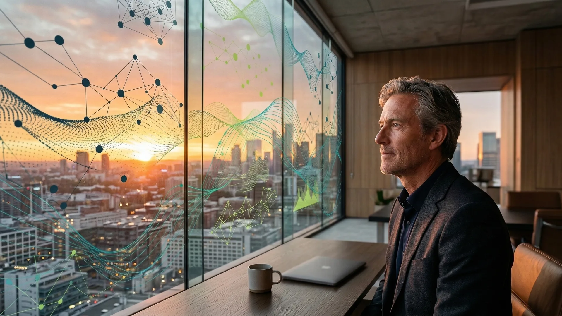 Executive mit Daten-Overlay bei Sonnenuntergang