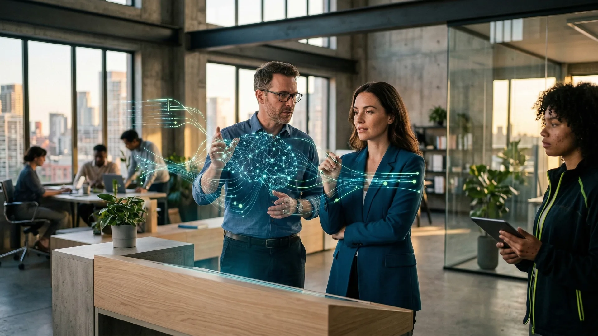 Team arbeitet mit KI-Hologramm im modernen Büro