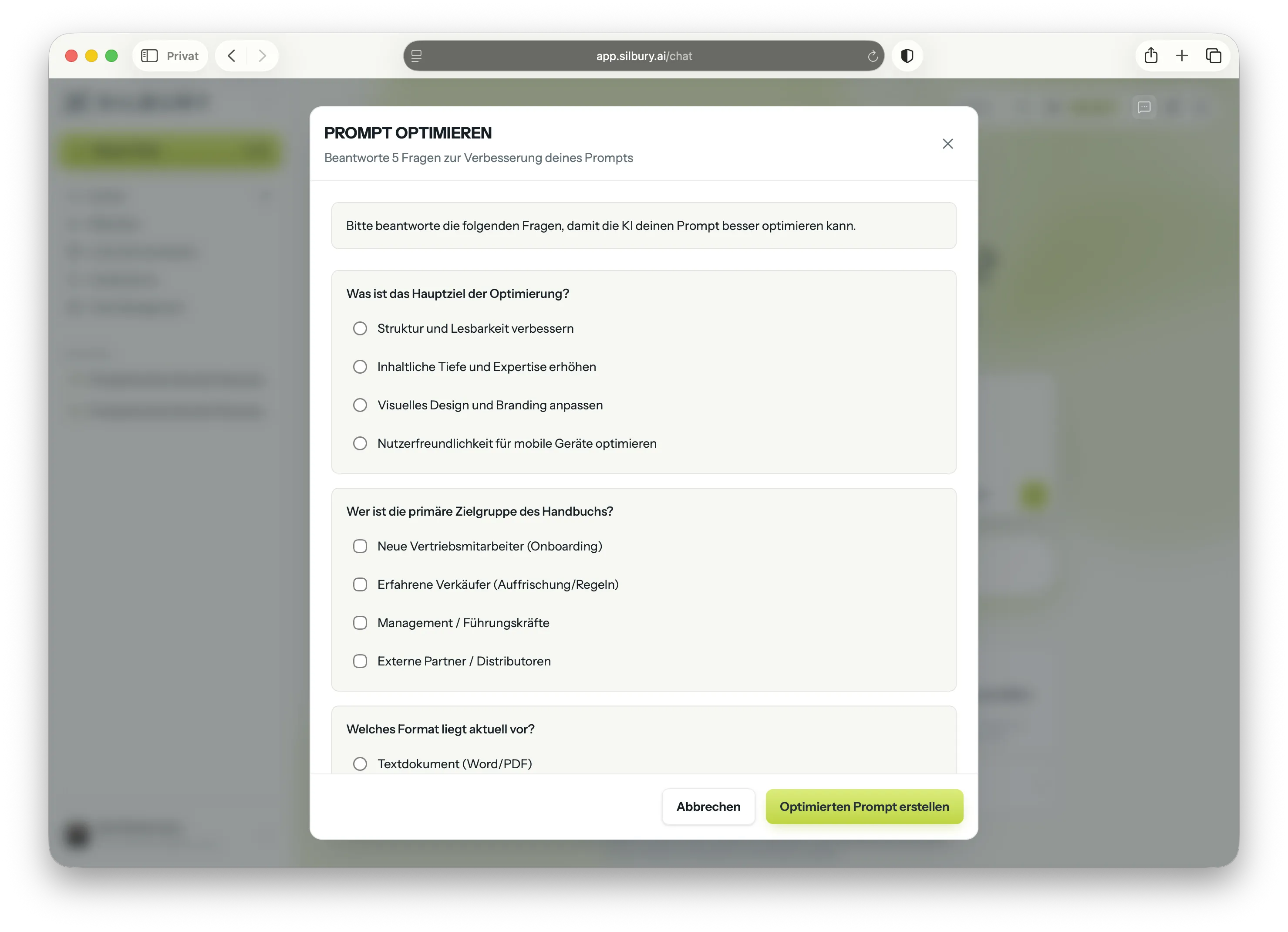Geführter Fragebogen der Prompt-Optimierung